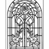 Stained glass window design featuring a large rose at the top and smaller roses at the bottom, outlined in black.