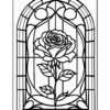 Stained glass design featuring a single rose surrounded by an arched frame with geometric patterns.