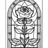 Stained glass style illustration of a large rose with detailed petals and leaves, framed within an arched structure.