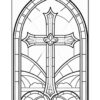 A black and white outline drawing of a stained glass window featuring a large cross at the center, flanked by stylized clouds and arching lines.