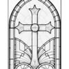 Stained glass window design featuring a central cross with floral elements and geometric patterns.