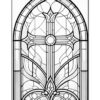 Stained glass window design featuring a central cross surrounded by floral patterns and geometric shapes.