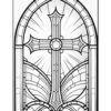 A black and white stained glass window design featuring a cross at the center, surrounded by ornate patterns and rays of light.