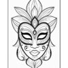 A detailed black and white illustration of a decorative mask with floral elements and ornate patterns.