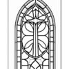 A stained glass window design featuring a central tree motif, framed by Gothic-style arches and geometric patterns.