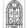Stained glass window design featuring a central cross surrounded by decorative patterns.