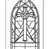 Black and white line drawing of a stained glass window featuring a large central cross.