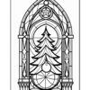 Stained glass design featuring a Christmas tree within an arched window frame, adorned with a star and ornament.