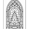 A detailed black and white coloring page of a stained glass window featuring a Christmas tree in the center.