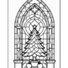 Stained glass design featuring a Christmas tree in a pot, with decorative ornaments and an arched window frame.