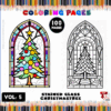 Coloring page featuring a stained glass Christmas tree design, with colorful borders and indication of 100 pages available.