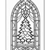 Stained glass design featuring a Christmas tree inside an arched window frame.