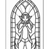A line art illustration of an elf girl with pointed ears, framed by a gothic-style stained glass window design.