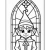 A cartoon-style elf wearing a pointed hat, smiling in front of a gothic-style window with a star.