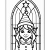 A young elf girl with pointed ears and a striped hat, smiling in front of a window adorned with a star.
