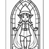 A line drawing of a fairy-tale character with long hair, pointed ears, and a dress, standing inside an arched window frame.