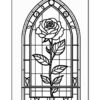 Stained glass design featuring a rose in a window frame, outlined in black for coloring.