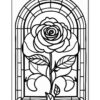 A stained glass style illustration of a single rose surrounded by arched frames and decorative leaves.