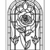 Stained glass design featuring a large rose surrounded by floral elements and geometric patterns.