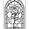 A stained glass window design featuring a rose, outlined in black with intricate geometric patterns surrounding it.
