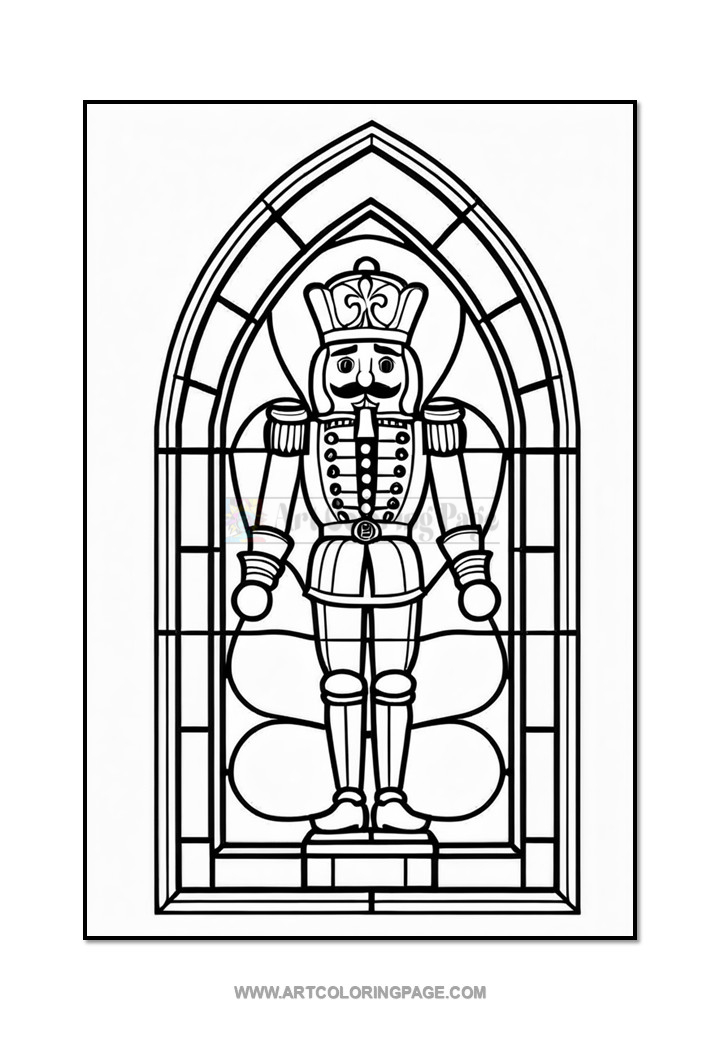 A black and white outline drawing of a nutcracker standing in an arched window frame, suitable for coloring.