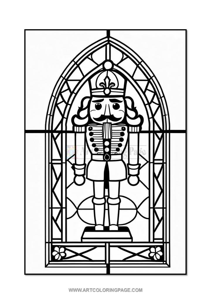 A nutcracker figure in a stained glass window design, featuring intricate outlines and architectural details.