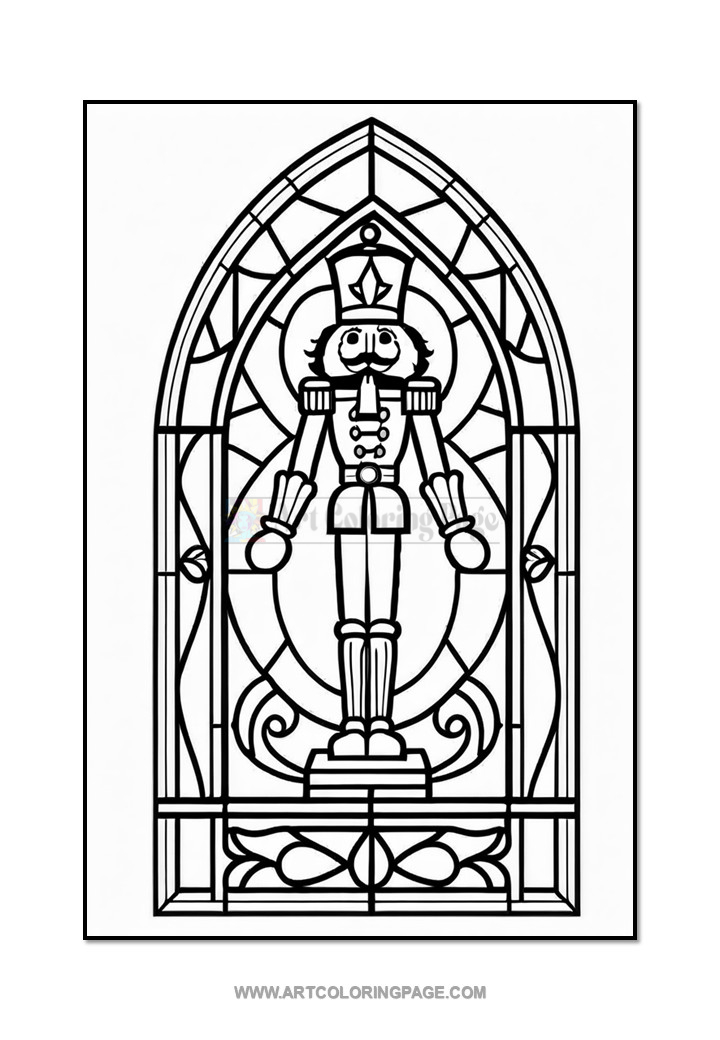 A stained glass window design featuring a nutcracker soldier in the center, outlined for coloring.