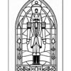 A nutcracker soldier standing inside an arched window, featuring a detailed outline suitable for coloring.