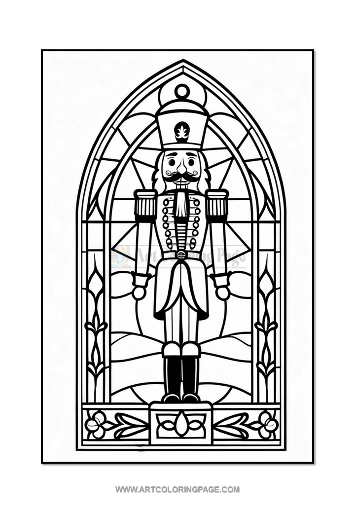 A nutcracker soldier standing inside an arched window, featuring a detailed outline suitable for coloring.