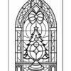 Stained glass window design featuring a Christmas tree, surrounded by decorative patterns and a bow at the top.