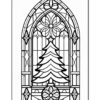 A stained glass window design featuring a Christmas tree at the center, surrounded by intricate geometric patterns and floral elements.