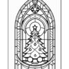 A stained glass Christmas tree design featuring a decorated tree within an arch, surrounded by decorative patterns.