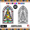 Coloring page featuring a stained glass Christmas tree design, with a colorful border and text indicating it's part of a collection.