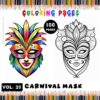 Coloring page featuring two carnival masks, one vibrant and colorful and the other in black and white for coloring.
