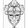 Intricate black and white mask design featuring decorative elements and facial features, suitable for coloring.