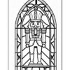 A nutcracker figure stands in a stained glass arch, detailed with a regal hat and military-style uniform, ready for coloring.