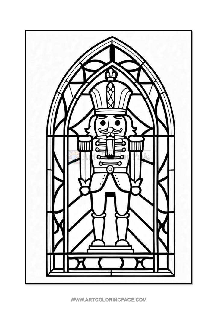A nutcracker figure stands in a stained glass arch, detailed with a regal hat and military-style uniform, ready for coloring.