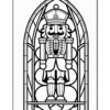 Nutcracker figure in front of a stained glass window design, outlined for coloring.