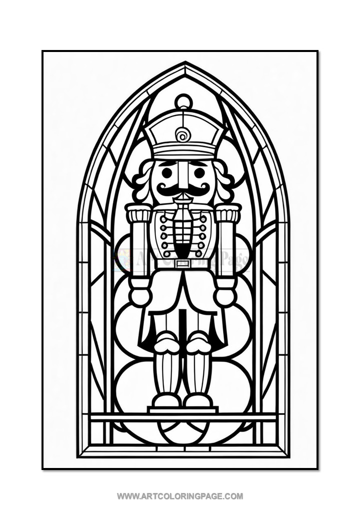 Nutcracker figure in front of a stained glass window design, outlined for coloring.