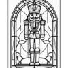 A line art illustration of a nutcracker figure in a regal pose, framed by an arched window with decorative elements in the background.