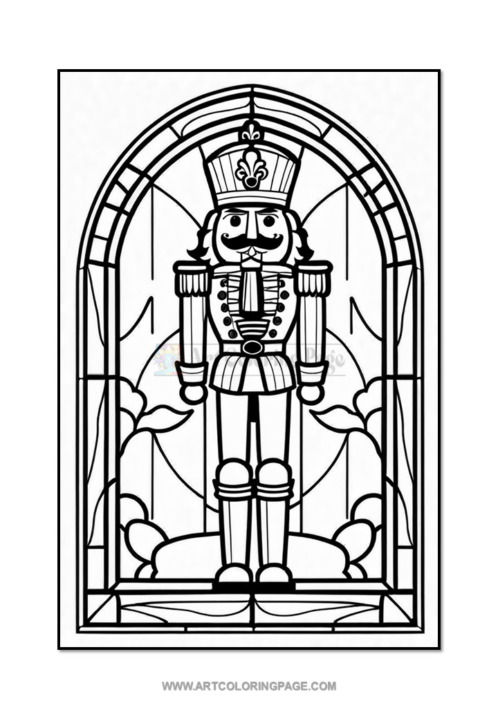 A line art illustration of a nutcracker figure in a regal pose, framed by an arched window with decorative elements in the background.