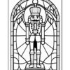 A nutcracker figure standing tall within an ornate, arched stained glass window outline.