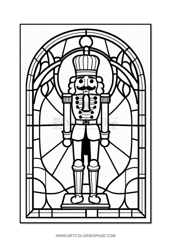 A nutcracker figure standing tall within an ornate, arched stained glass window outline.