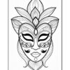 A detailed black and white mask illustration featuring intricate designs and floral elements around the face.