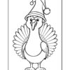 A cartoon turkey wearing a festive hat, with wings spread wide, designed for coloring activities.