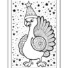 A cartoonish turkey wearing a party hat surrounded by stars, designed for coloring.