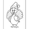 A cartoon turkey wearing a Santa hat, with its wings spread wide, ready for coloring.