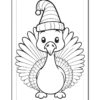 A cartoon turkey wearing a striped hat, with its wings spread out, shown in a black and white coloring page style.