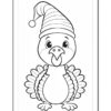 A cartoon turkey wearing a festive hat, with a rounded body and colorful feathers, designed for coloring.