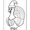 A cartoon turkey wearing a Santa hat with detailed feathers, colorful outline suitable for coloring.